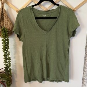 Madewell V-Neck Tee Cotton S Olive Green Slub Knit Short Sleeve Shirt